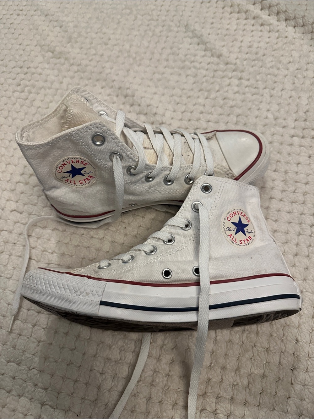 Converse White High Top Sneakers with Red & Blue Accents